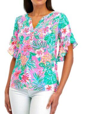 LILLY PULITZER QUINNA SHORT SLEEVE TOP MULTI JOURNEY TO THE JUNGLE SZ. MEDIUM
